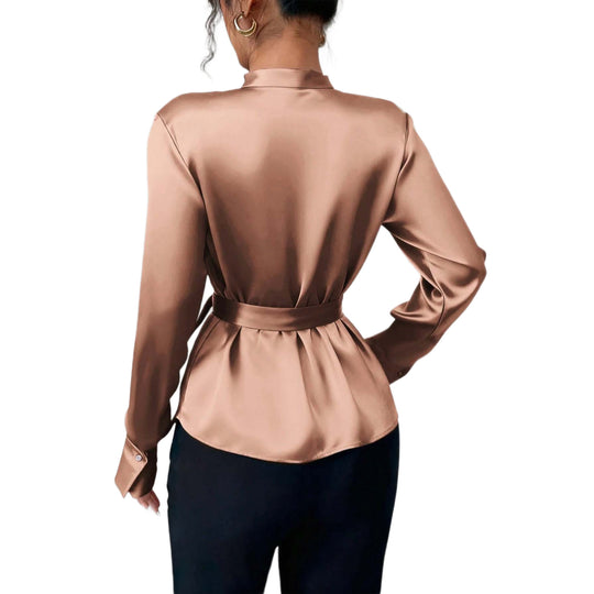 Damen Satin-Wickelbluse mit V-Ausschnitt, Taillengürtel und schmalem Manschettenärmel Nord Taschen