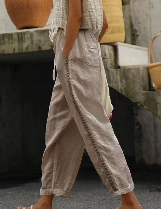 Damen Leinenhose mit seitlichen Spitzenakzenten und lässigem Schnitt