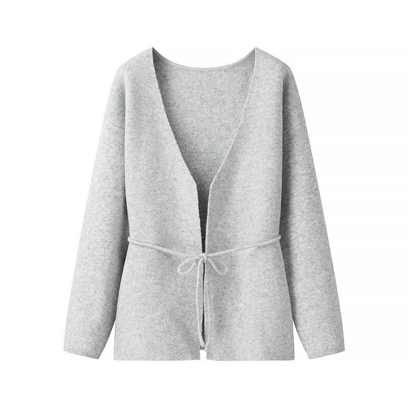 Damen Offener Strickcardigan mit Bindegürtel und V‑Ausschnitt Nord Taschen