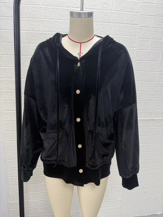 Damen Oversize Kapuzen-Samtjacke mit Knopfleiste und aufgesetzten Taschen Nord Taschen