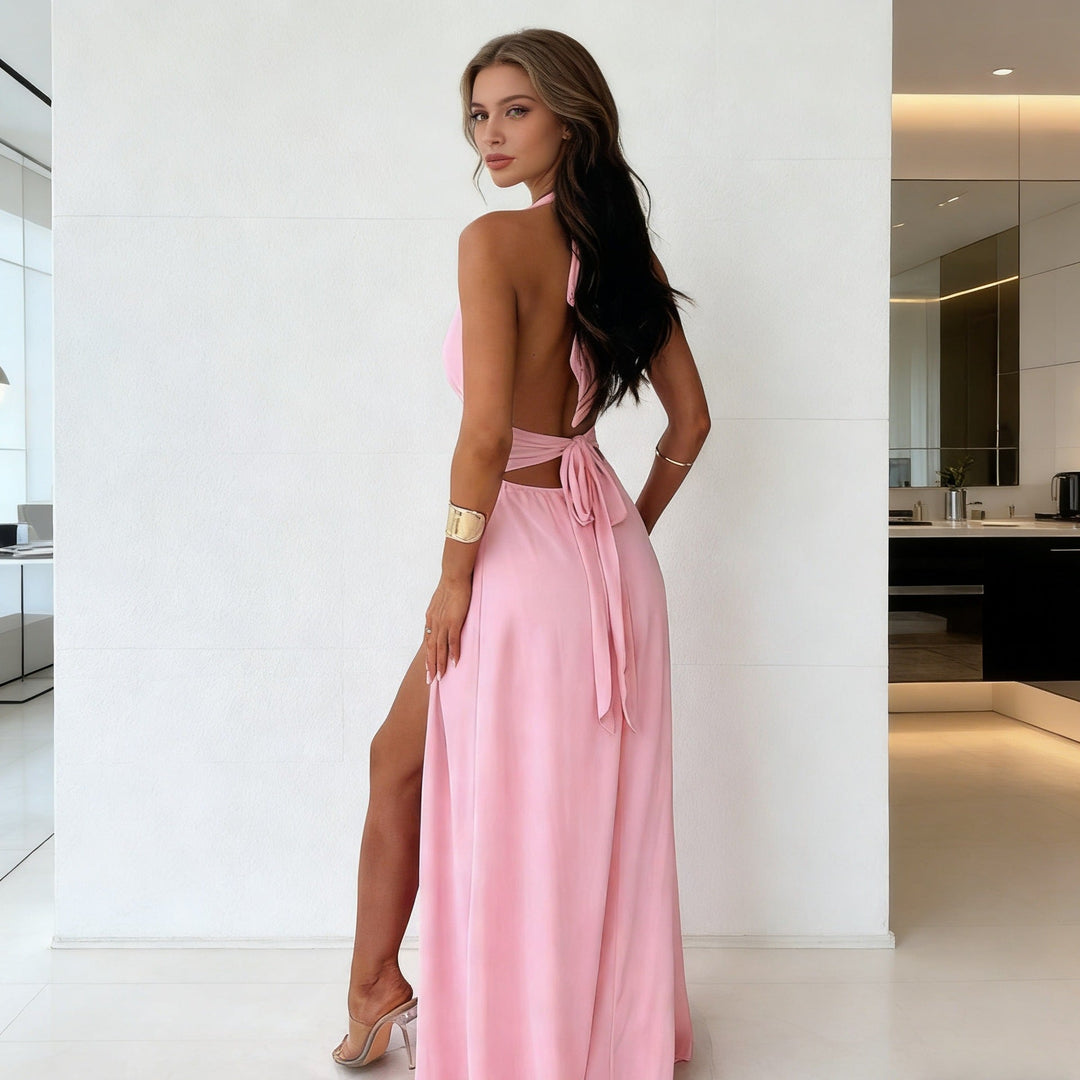 Damen Maxikleid mit tiefem V-Ausschnitt und hohem Schlitz