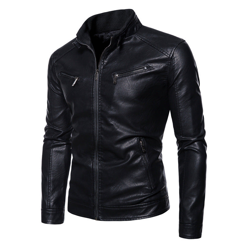 Herren Slim-Fit Kunstleder-Bikerjacke mit Stehkragen, Reißverschlusstaschen und weichem Innenfutter Nord Taschen