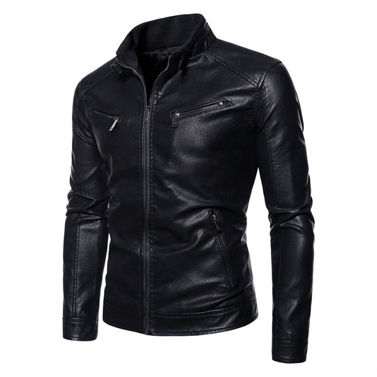 Herren Slim-Fit Kunstleder-Bikerjacke mit Stehkragen, Reißverschlusstaschen und weichem Innenfutter Nord Taschen