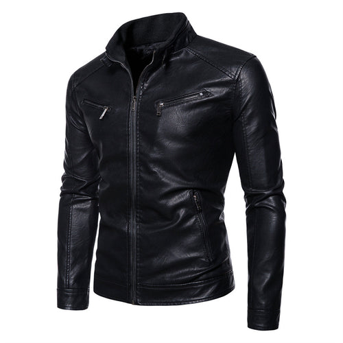 Herren Slim-Fit Kunstleder-Bikerjacke mit Stehkragen, Reißverschlusstaschen und weichem Innenfutter Nord Taschen