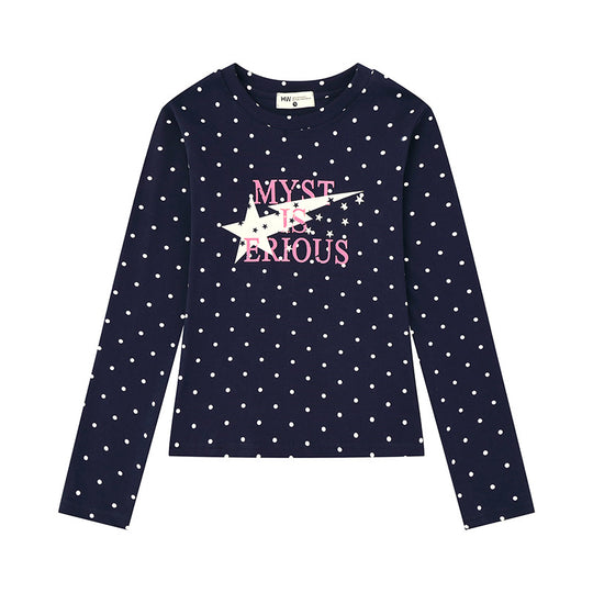Damen Langarmshirt mit V-Ausschnitt, Polka-Dots und Statement-Print aus Baumwolljersey Nord Taschen