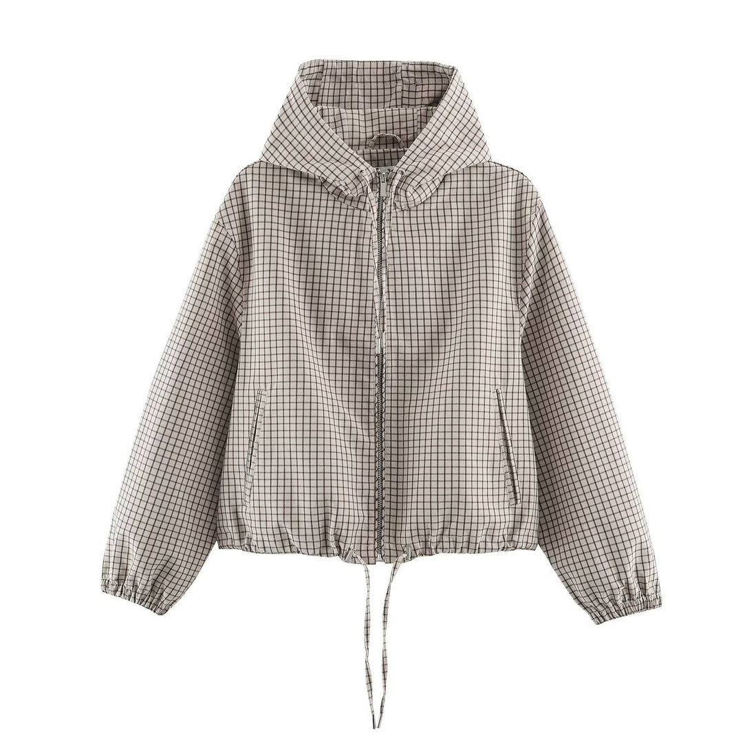 Damen Kurzer Karierter Kapuzenblouson mit Tunnelzug, Reißverschluss und elastischen Bündchen Nord Taschen
