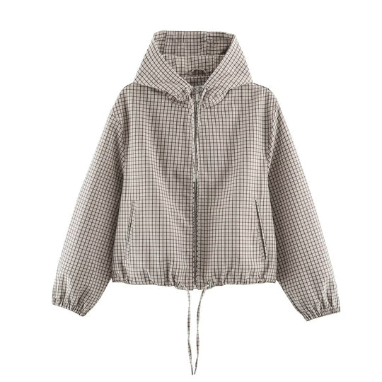 Damen Kurzer Karierter Kapuzenblouson mit Tunnelzug, Reißverschluss und elastischen Bündchen Nord Taschen