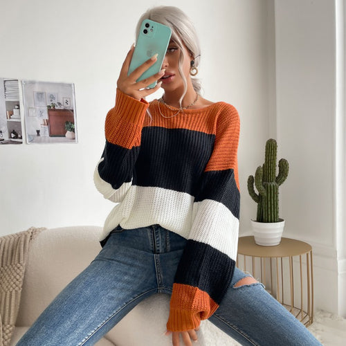 Damen Lässiger Gestreifter Pullover mit Off-Shoulder Design Nord Taschen