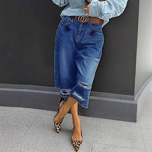 Damen Hochtaillierte Denim-Culotte mit Destroyed-Einsätzen und rohem Saum Nord Taschen