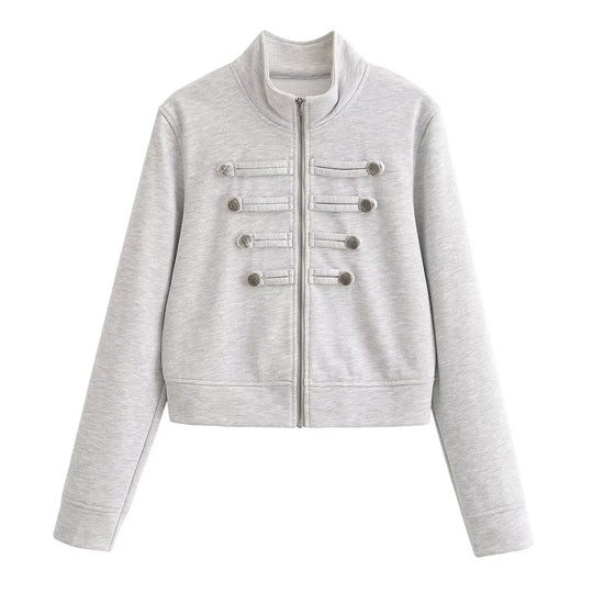 Damen Kurzjacke aus Sweat mit Stehkragen und dekorativer Military-Passe Nord Taschen