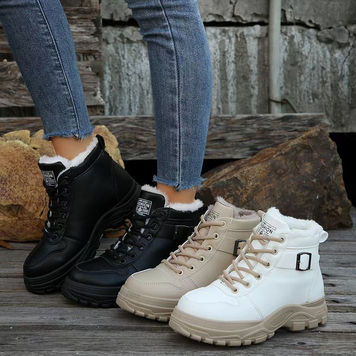 Damen  gefütterte Plateau-Schnürstiefelette mit dekorativer Metallschnalle und profilierter Gummilaufsohle Nord Taschen