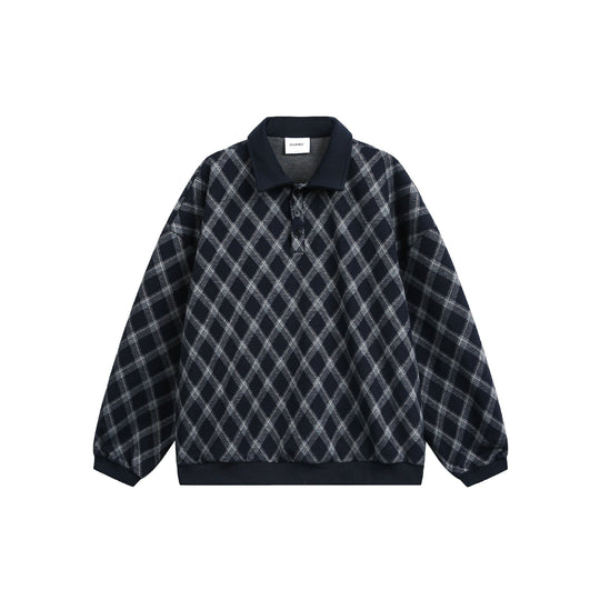 Damen Karierter Oversize‑Polo‑Pullover mit Halbknopfleiste und Rippbündchen Nord Taschen