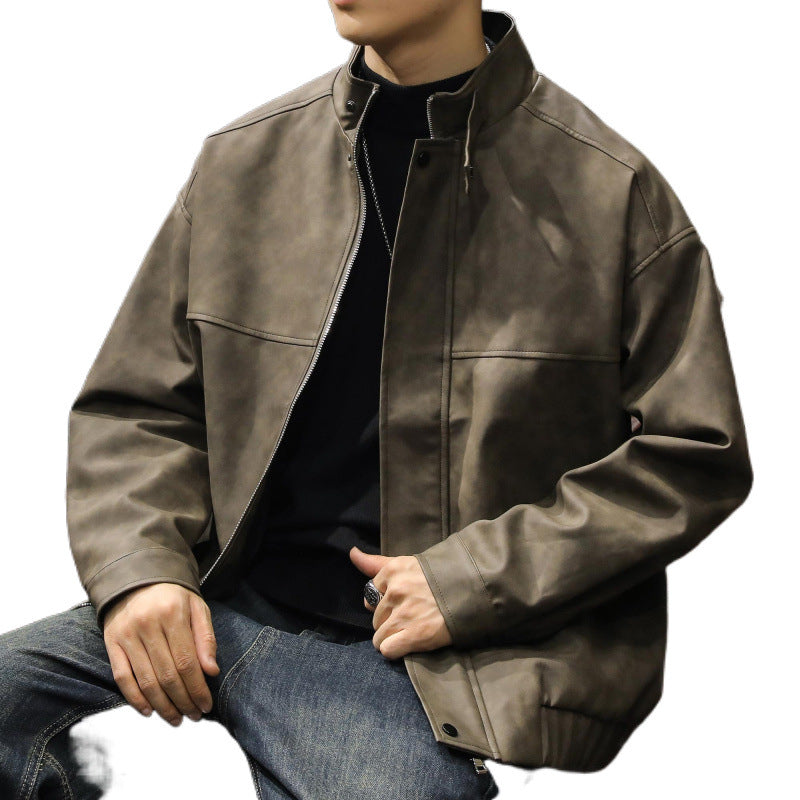 Herren Boxy Lederoptik-Blouson mit verdeckter Reißverschlussleiste, Stehkragen und elastischem Bund Nord Taschen