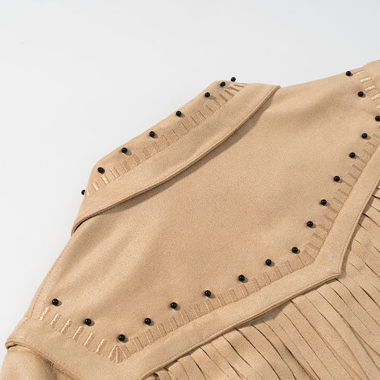 Damen Kurze Fransen-Suedejacke im Westernstil mit Nietenbesatz und Frontreißverschluss Nord Taschen