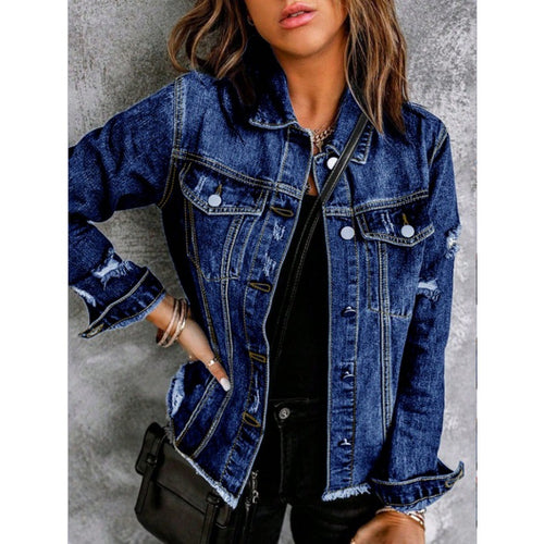 Damen Taillierte Jeansjacke mit Destroyed-Akzenten, aufgesetzten Pattentaschen und sichtbarer Steppnaht Nord Taschen