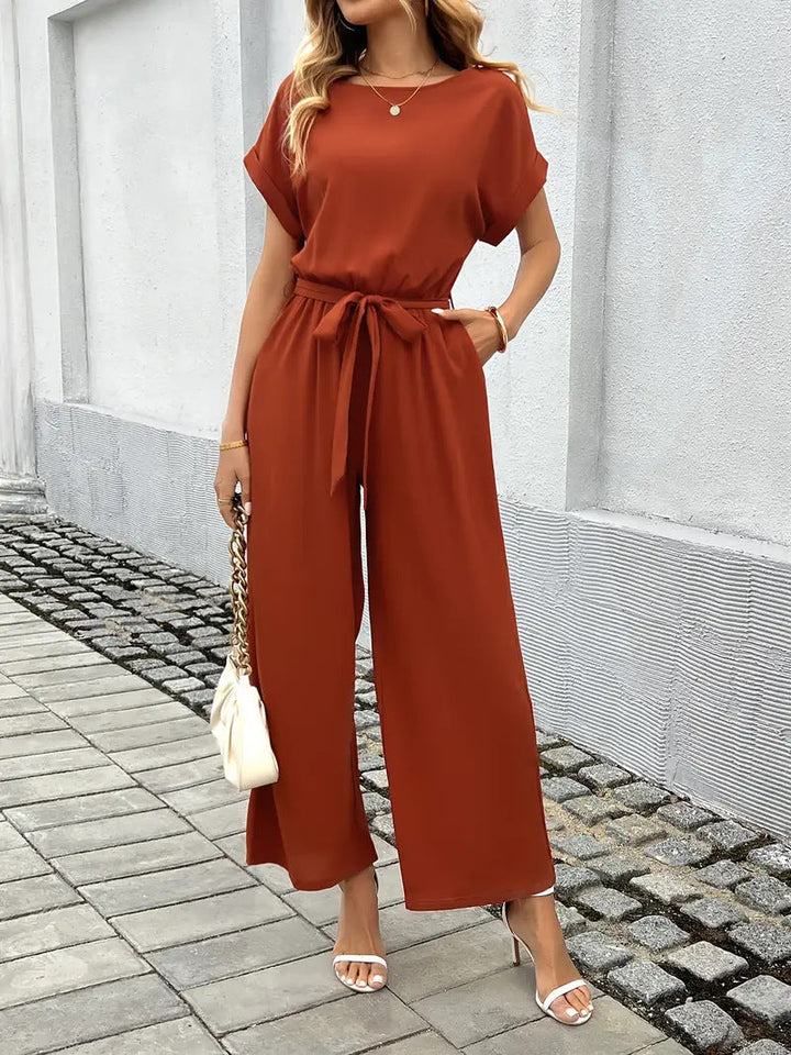 Damen Eleganter Jumpsuit mit weitem Bein und Taillenknoten Nord Taschen