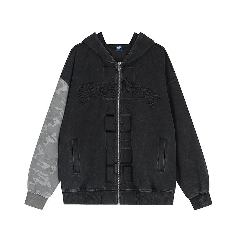 Unisex Oversize-Kapuzen-Zipjacke mit Camouflage-Ärmel, Washed‑Effekt und erhabener Frontstickerei Nord Taschen