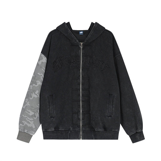 Unisex Oversize-Kapuzen-Zipjacke mit Camouflage-Ärmel, Washed‑Effekt und erhabener Frontstickerei Nord Taschen