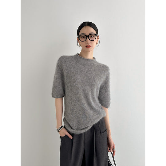 Damen Kuscheliger Mohair-Mix Kurzarm-Pullover mit Stehkragen Nord Taschen