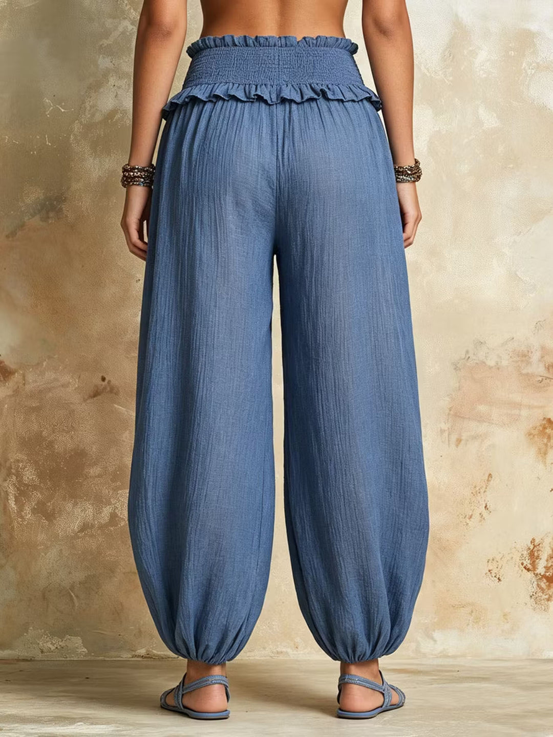 Damen Weite Haremshose mit gerafftem Smock-Bund und elastischen Knöchelabschlüssen Nord Taschen