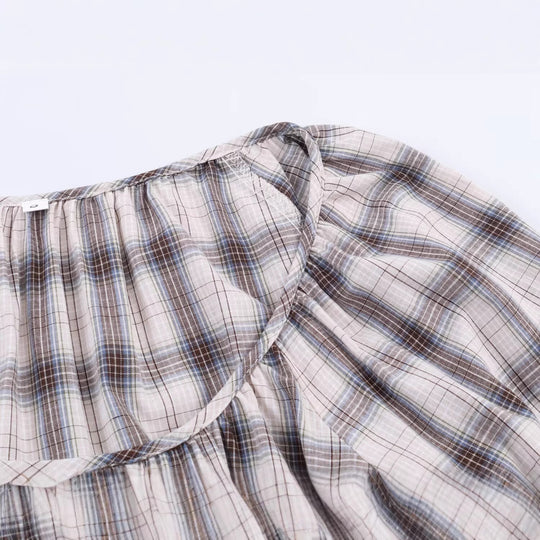Damen Karierte Carmen‑Bluse mit weitem Ausschnitt, Ballonärmeln und elastischem Saum Nord Taschen