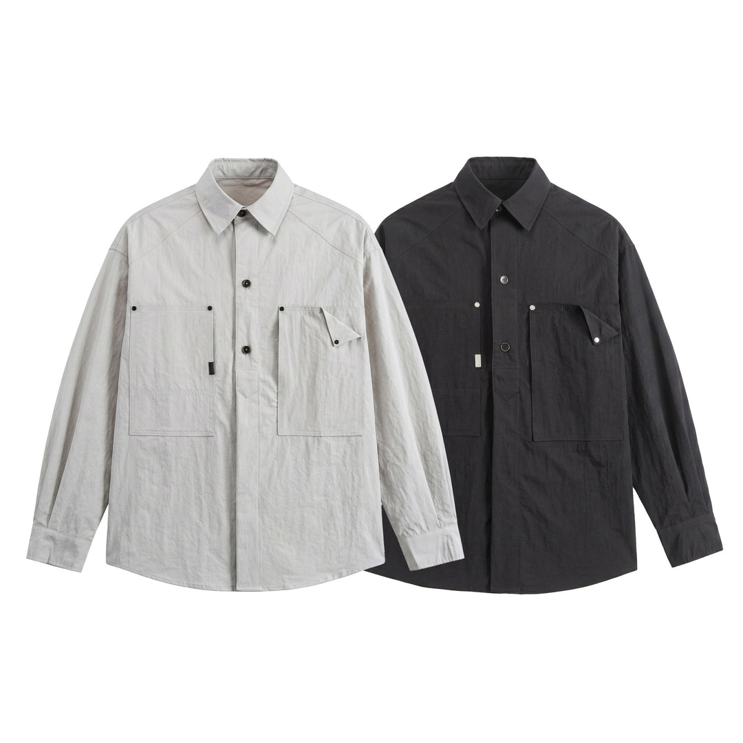 Herren Utility‑Hemdjacke mit oversized Passform, aufgesetzten Taschen und verdeckter Knopfleiste Nord Taschen