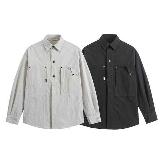 Herren Utility‑Hemdjacke mit oversized Passform, aufgesetzten Taschen und verdeckter Knopfleiste Nord Taschen