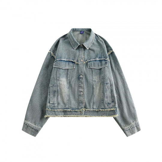 Unisex Boxy-Denimjacke mit ausgefransten Saumkanten, Pattentaschen und Vintage-Waschung Nord Taschen