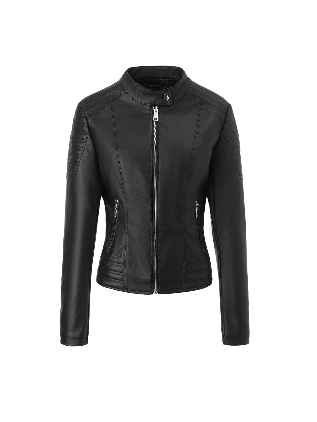 Damen Taillierte Kunstleder-Bikerjacke mit Stehkragen und Stepp-Details Nord Taschen