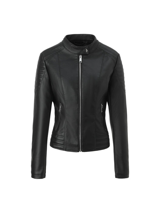 Damen Taillierte Kunstleder-Bikerjacke mit Stehkragen und Stepp-Details Nord Taschen