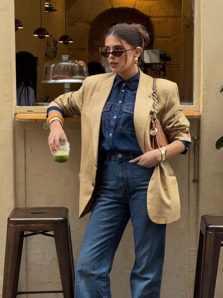 Damen Oversize Glencheck-Blazer im kastigen Boxy‑Schnitt mit markanter Schulterpartie Nord Taschen