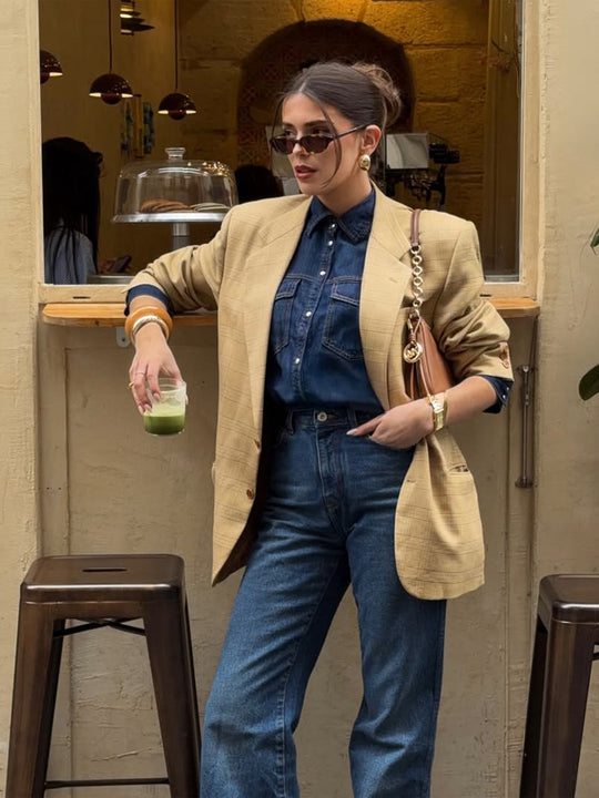 Damen Oversize Glencheck-Blazer im kastigen Boxy‑Schnitt mit markanter Schulterpartie Nord Taschen
