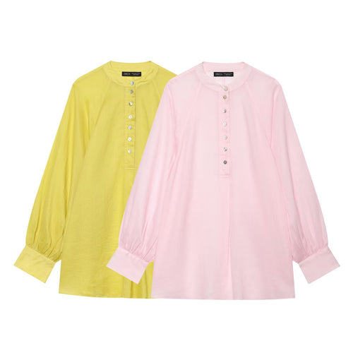 Damen Oversize-Bluse mit Stehkragen, durchgehender Knopfleiste und ballonärmeln Nord Taschen