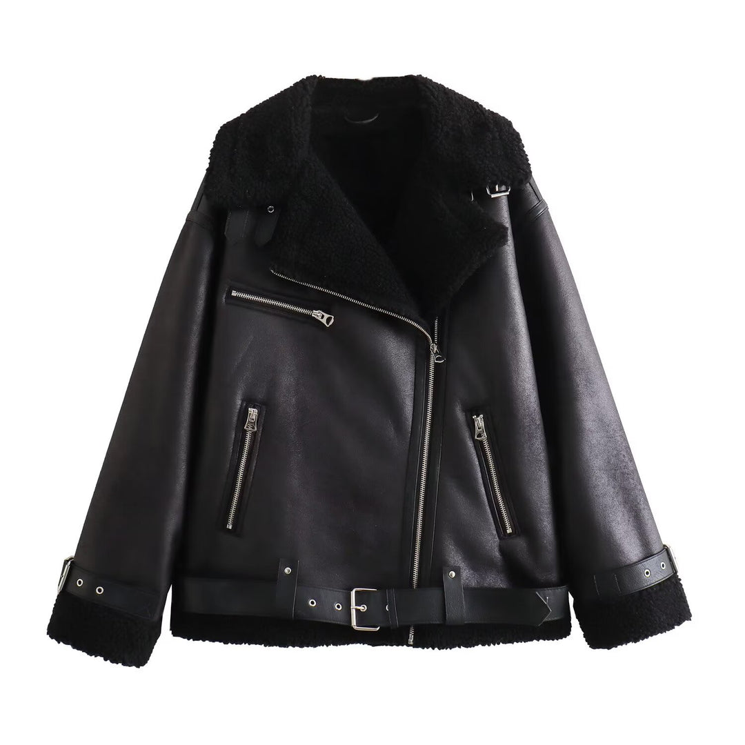 Damen Fliegerjacke im Bikerstil mit Teddyfutter, Kunstlederbesatz und Taillengürtel Nord Taschen