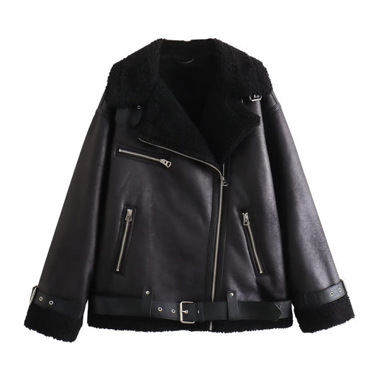 Damen Fliegerjacke im Bikerstil mit Teddyfutter, Kunstlederbesatz und Taillengürtel Nord Taschen