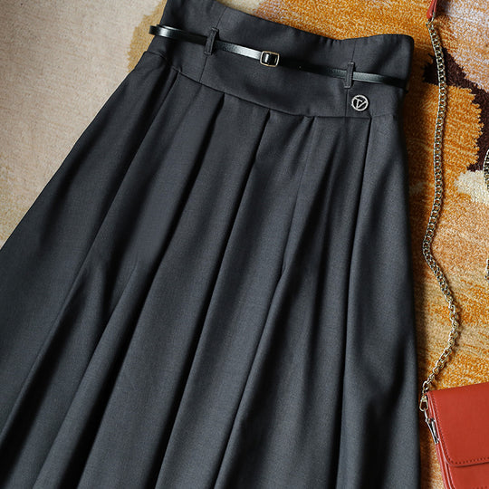 Damen Hochtaillierter ausgestellter Midirock mit Kellerfalten, Taillenband und Ziergürtel Nord Taschen