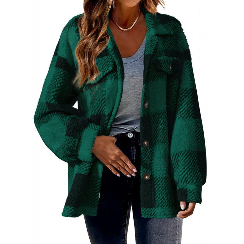 Damen Karierte Teddy‑Hemdjacke im Oversize‑Shacket‑Stil Nord Taschen