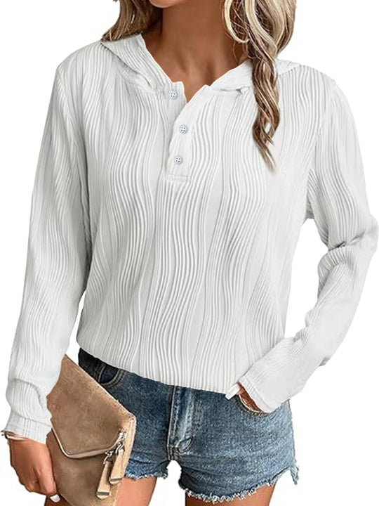 Damen Geripptes Kapuzen-Henleyshirt mit Knopfleiste und leichter Struktur Nord Taschen