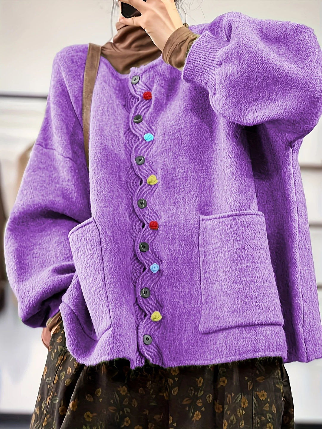 Damen Modischer Strickcardigan mit bunten Knöpfen Nord Taschen