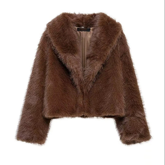 Damen Kurze Cropped Kunstpelzjacke mit voluminösem Schalkragen Nord Taschen