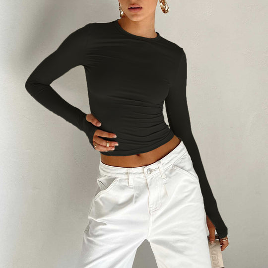 Damen Figurbetontes Crop-Longsleeve mit Daumenlöchern Nord Taschen