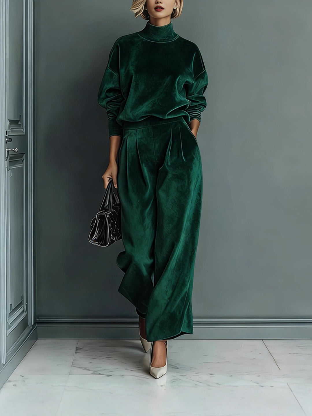 Damen Samt-Lounge-Set mit Rollkragenpullover und weiter Plissee-Hose Nord Taschen