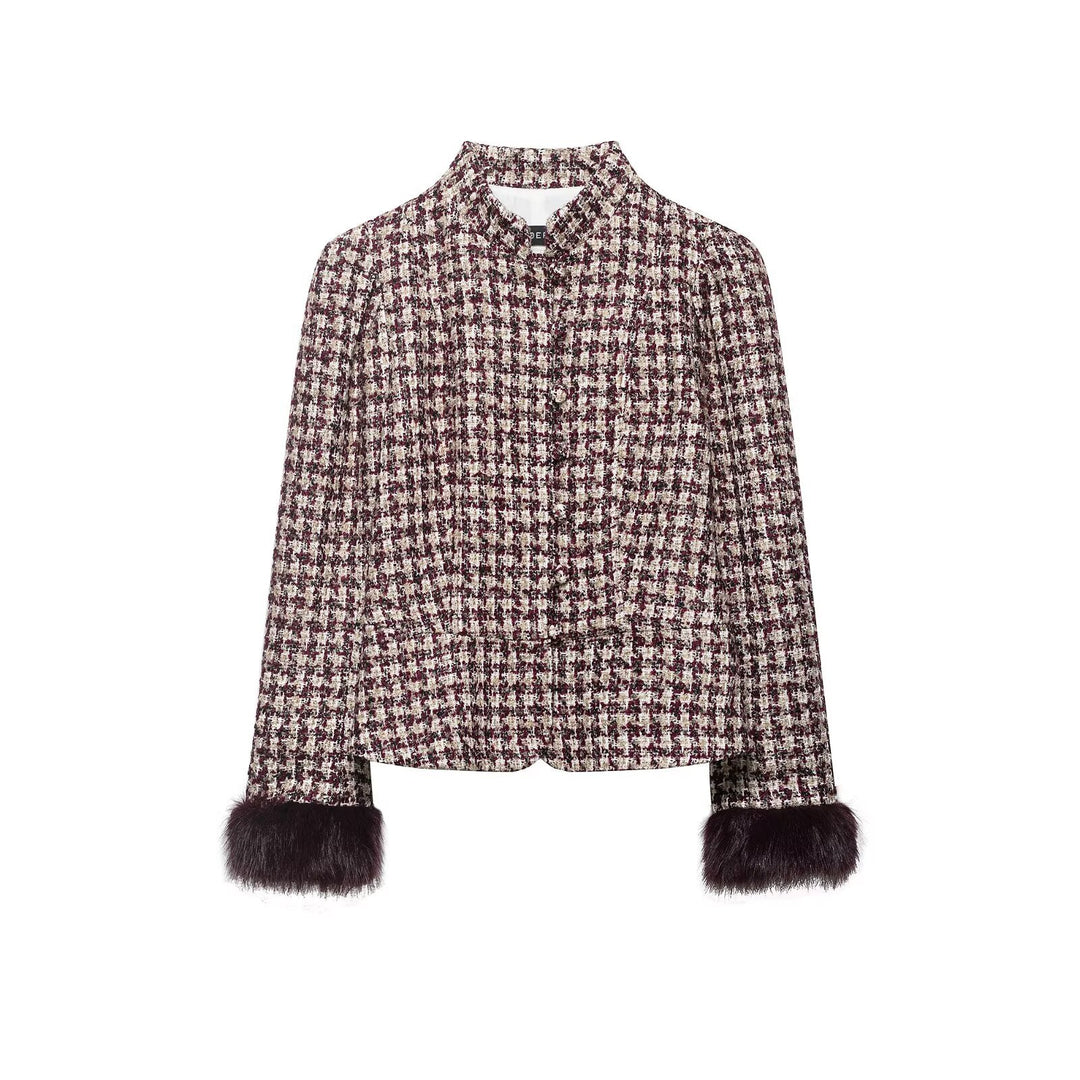 Damen Kurz geschnittene Bouclé‑Tweedjacke mit Stehkragen und Kunstfellmanschetten Nord Taschen