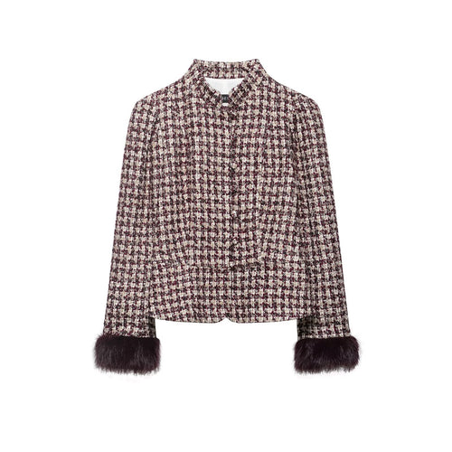 Damen Kurz geschnittene Bouclé‑Tweedjacke mit Stehkragen und Kunstfellmanschetten Nord Taschen
