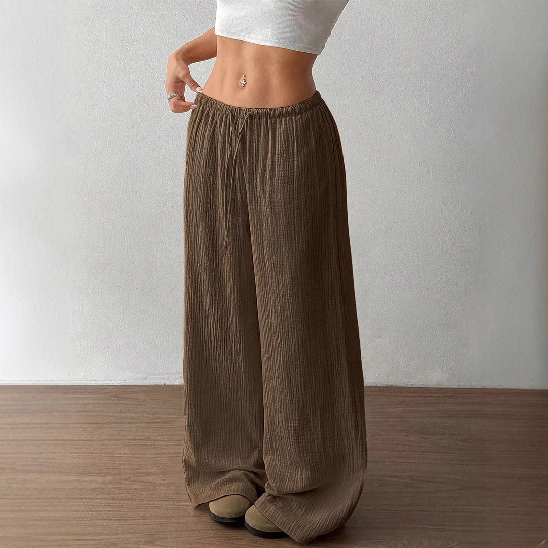 Damen Leichte Leinenoptik-Hose mit weitem Bein, Gummibund und Tunnelzug Nord Taschen