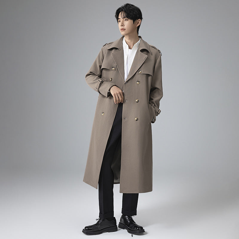 Herren Moderner Maxilanger Doppelreihiger Trenchcoat mit klassischem Revers und verstellbaren Manschetten Nord Taschen