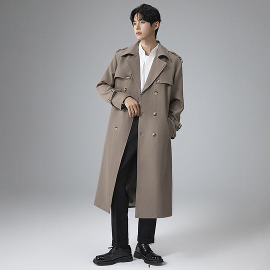 Herren Moderner Maxilanger Doppelreihiger Trenchcoat mit klassischem Revers und verstellbaren Manschetten Nord Taschen