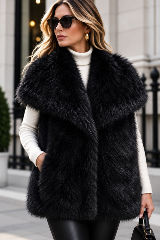 Damen Ärmellose Luxus‑Faux‑Fur‑Weste mit extraweichem Langflor und übergroßem Schalkragen Nord Taschen