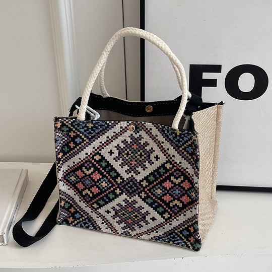 Damen Jute-Tasche mit kunstvollem geometrischen Muster Nord Taschen