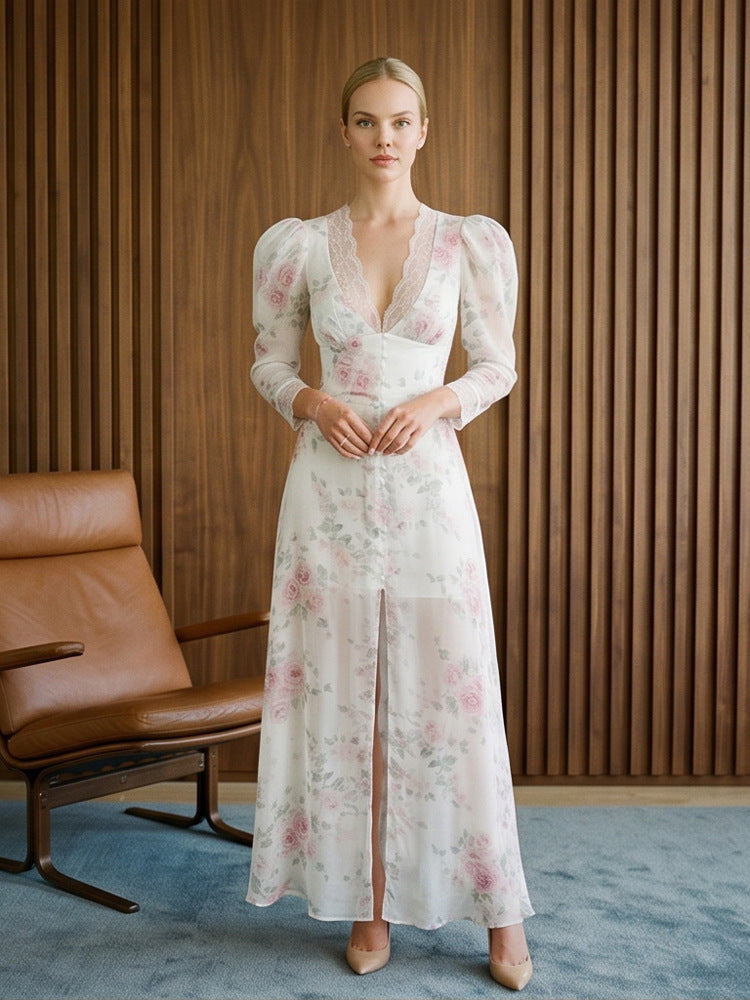 Damen Romantisches Chiffon-Maxikleid mit Spitzen‑V‑Ausschnitt, Puffärmeln und vorderem Schlitz Nord Taschen